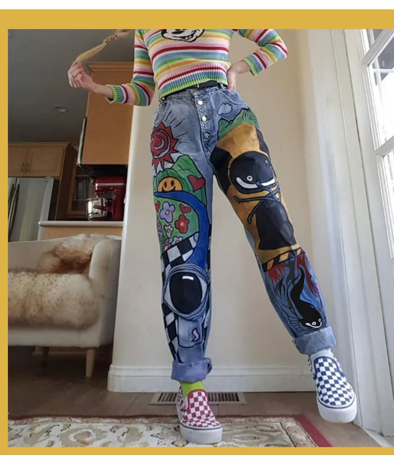 

Новые женские джинсы с мультяшным принтом, весна-осень-зима 2021, брюки-султанки для девочек, однобортные женские джинсы