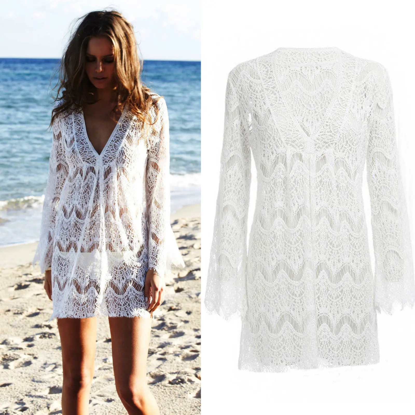 

Summer Women Sexy Swimsuit Lace Crochet Bikini Cover Up Swimwear Beach Dress Pareo Beach Tunic Cover ups Capes Dress