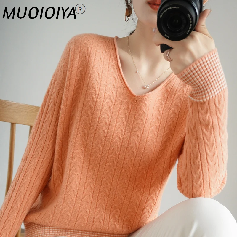 

High-End Autumn Winter 100% Pure Wool Sweater V-Neck Women's Female Loose Large Size Knitted Girl Clothes Tops 6 Colors Jumper