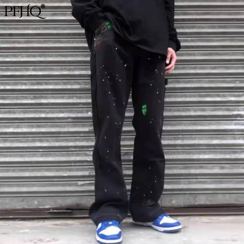 

PFHQ 2021 New Men's Fashion European American High Street Graffiti Stitching Tooling Casual Flared Jeans Autumn Winter 21F076