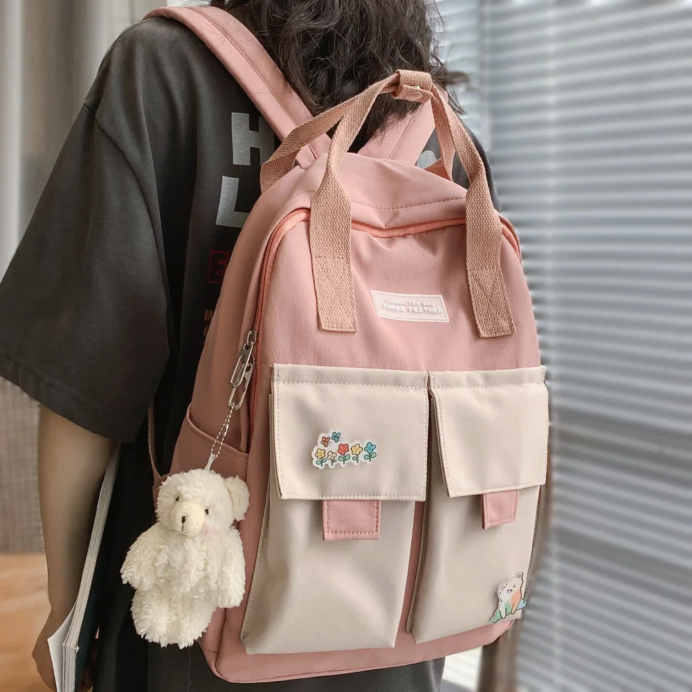 

Kawaii Girl Harajuku Backpack Badge Fashion Book Ladies School Bag Women Waterproof Nylon Backpack Cute Student College Bags New