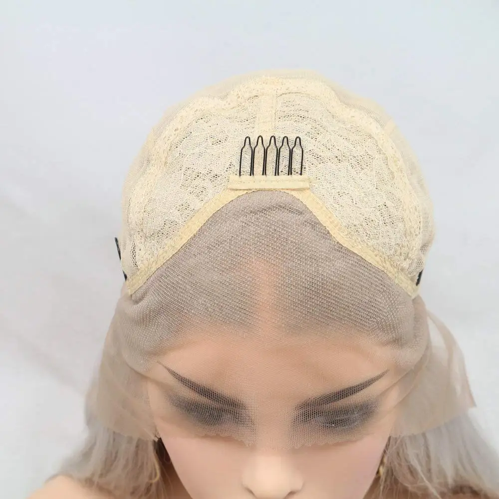 

Sylvia Long Natural Wavy Ash Blonde Synthetic Lace Front Wigs Heat Resistant Fiber Silver Gray Straight Lace Wigs Soft Grey Hair
