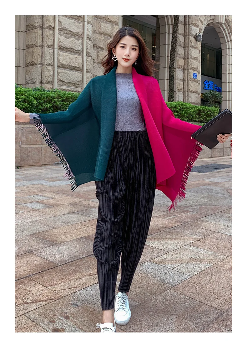 

HOT SELLING Miyake fashion fold patchwork Bat sleeve turndown collar tassel coat cloak IN STOCK