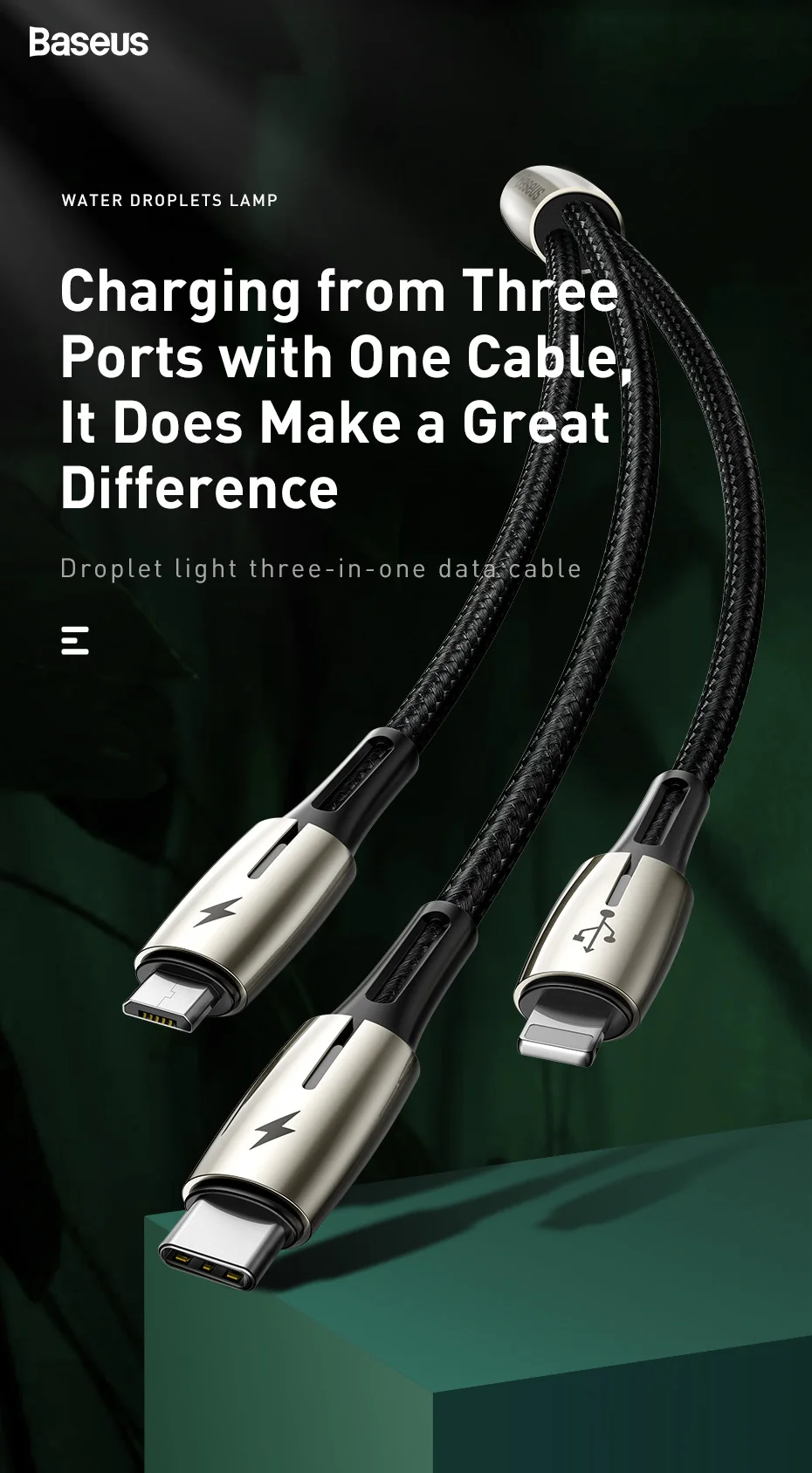 Baseus USB кабель 3 в 1 usb type C кабель для samsung S10 iPhone XR XS Max 11 USB зарядное устройство светодиодный кабель Micro USB зарядное устройство Шнур