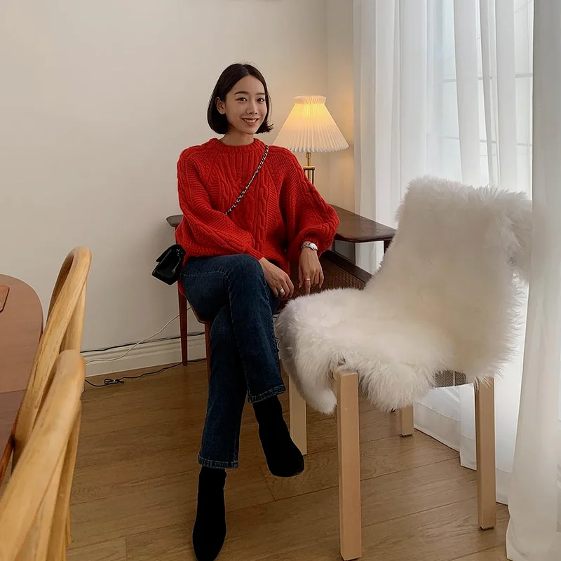 Woherb Vintage Round Neck Pullover Women'S Sweater 2021 Autumn Winter Lazy Loose Long-Sleeved Solid Casual Warm Knitted | Женская