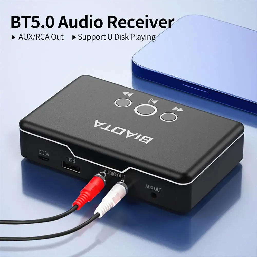 

Bluetooth-compatible Audio Receiver Adapter With AUX RCA Interface Output Built-in 500mAh Battery For Wired Speaker Amplifier