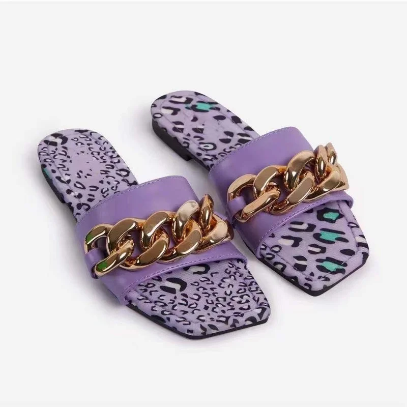 

LEMAI Plus Size 36-43 Beach Slippers for Women Summer Casual Metal Decoration Sandals Shoes Square Toe Slides Slippers 2021