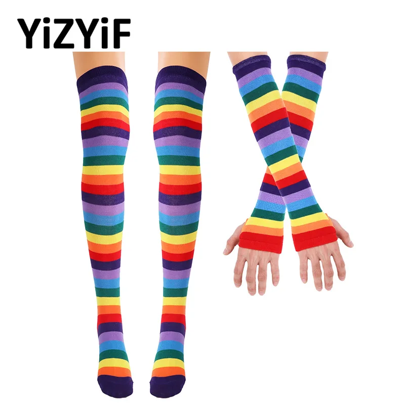 

Women Colorful Rainbow Stockings Striped Knee Thigh High Arm Warmer Gloves Perfect for Halloween Costume Fun Party Cosplay