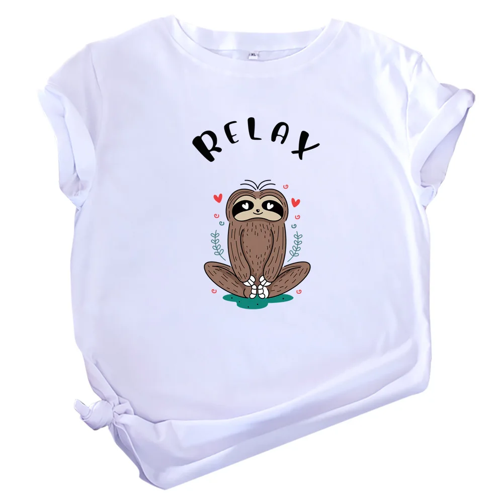 MK 100% Cotton RELAX Sloth Printed Short-Sleeved T-Shirt for Ladies Summer Tshirts Oversized S-XXL O-Neck Tops Tees | Женская одежда