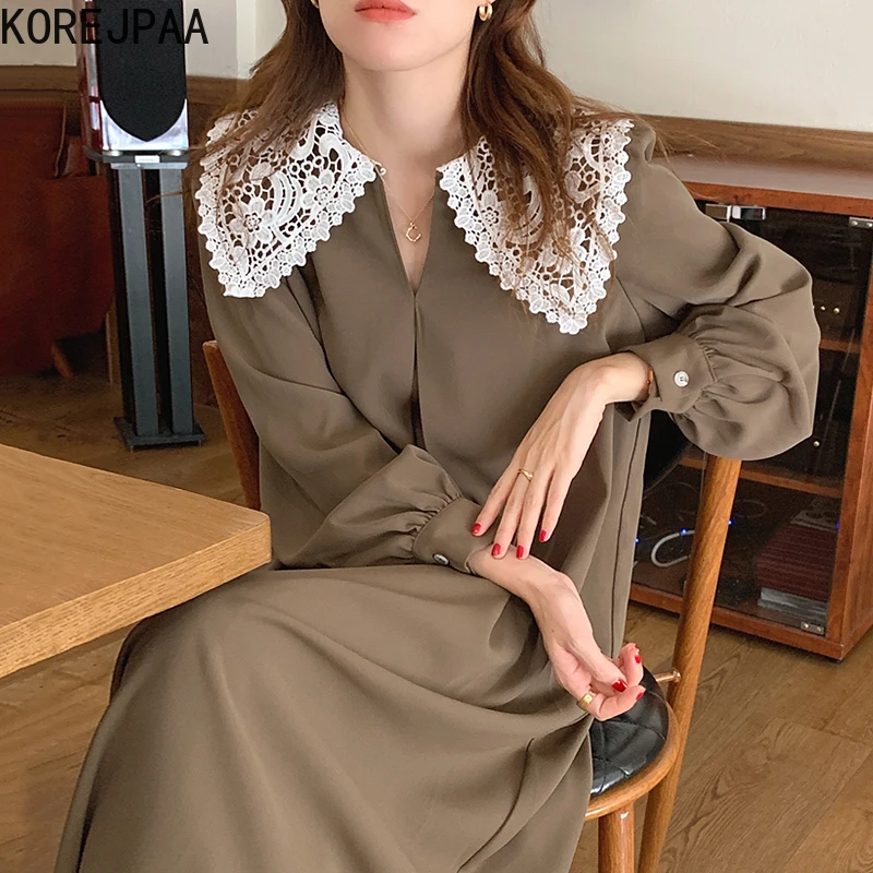 Платье женское винтажное кружевное с отложным воротником и длинным рукавом |