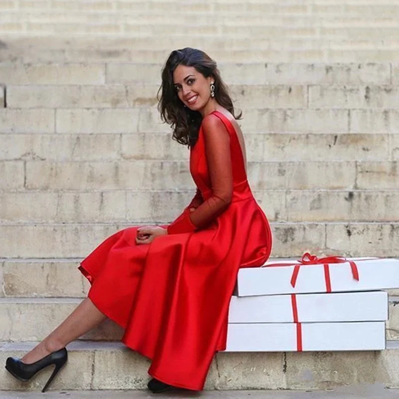 

Женское коктейльное платье с длинным рукавом, красное элегантное прозрачное вечернее платье с открытой спиной, а-силуэт, для торжественных ...