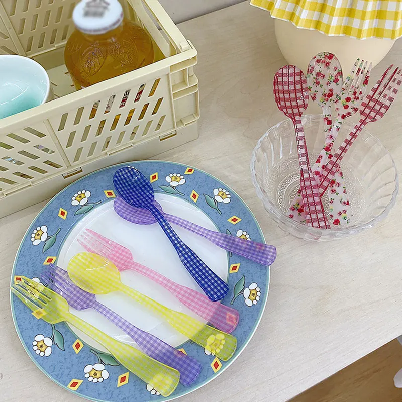 Ретро плед десертная ложка и вилка чай кофе смешивания пластиковые цветы дизайн