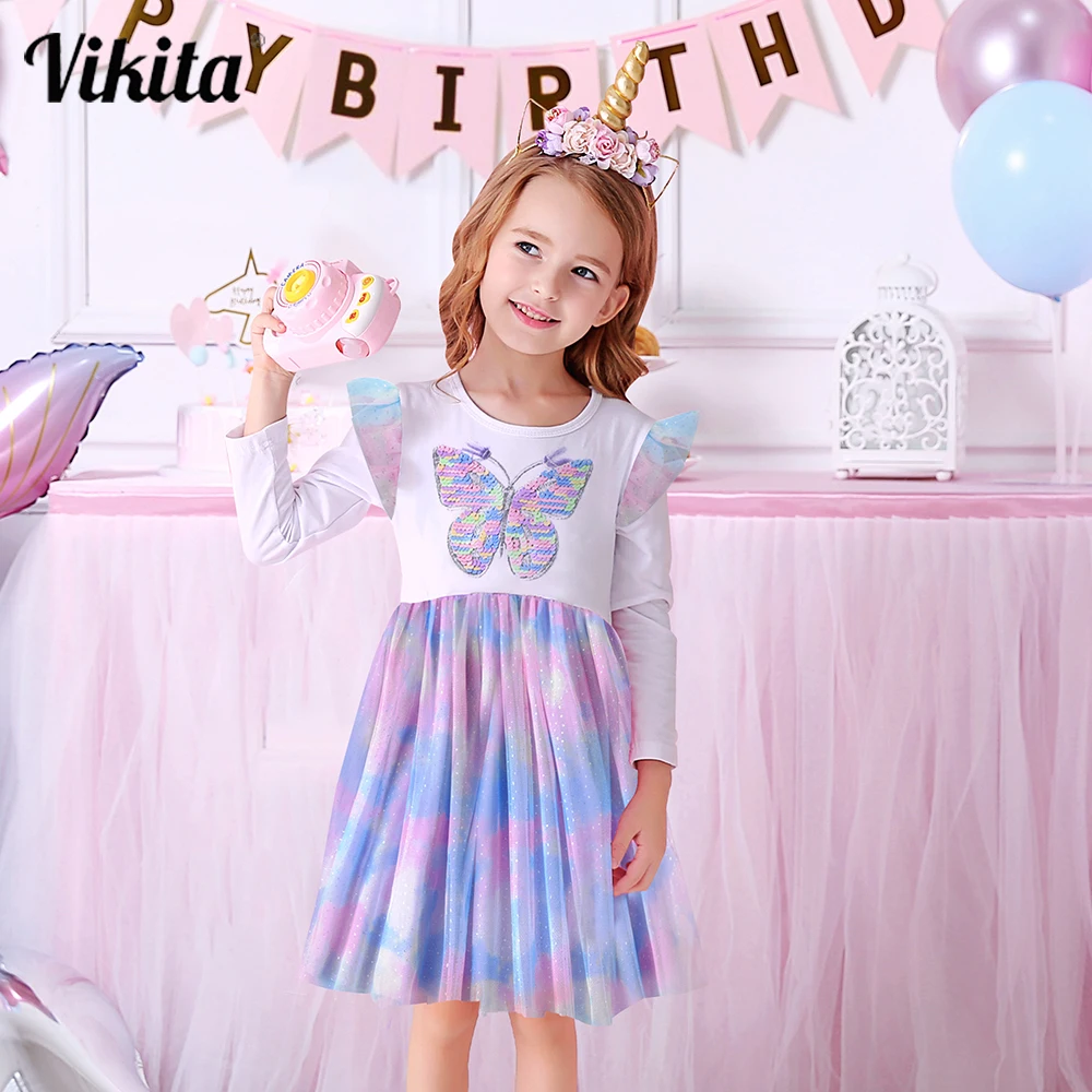 

VIKITA Children Autumn Costumes Teenagers Girls Butterfly Sequins Dresses Kids Birthday Party Tulle Dress Girls Princess Dress
