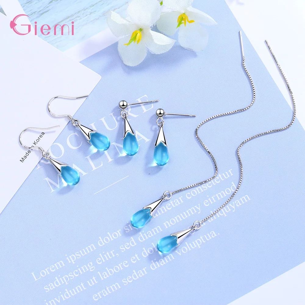 

Simple Fashion 925 Sterling Silver Blue Cubic Zircon Waterdrop Earrings For Women Girl Trendy Jewelry Gift Party