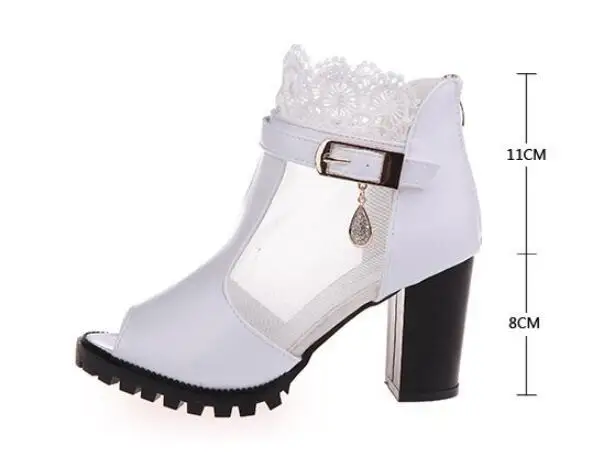 

Sexy Women Sandals Mesh Lace 8CM Square High Heel Summer Shoes Woman Pumps Sexy Flower Net Hollow Peep toe Gladiator Sandals