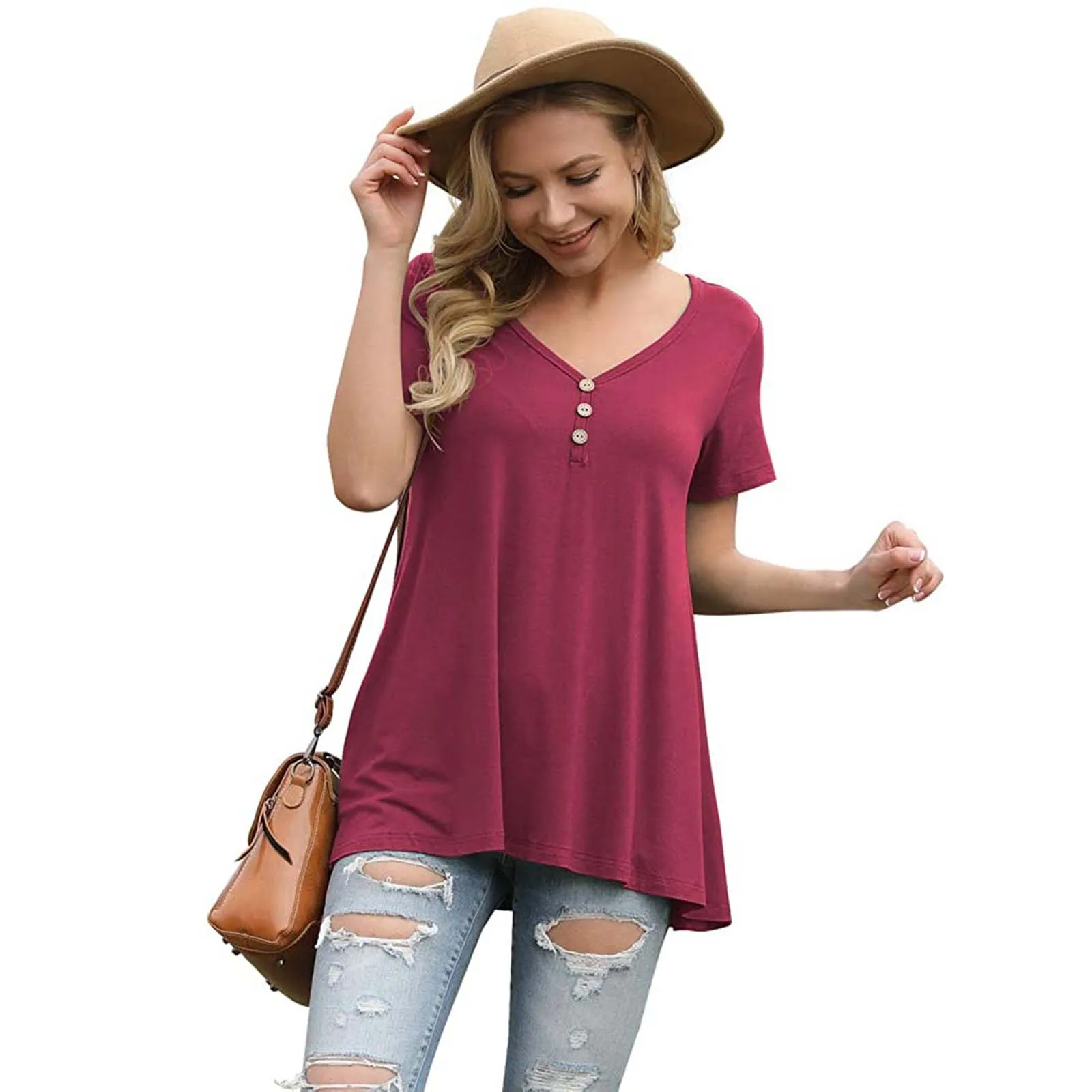 

Футболка женская оверсайз однотонная на пуговицах, модный топ с коротким рукавом и V-образным вырезом, одежда на лето