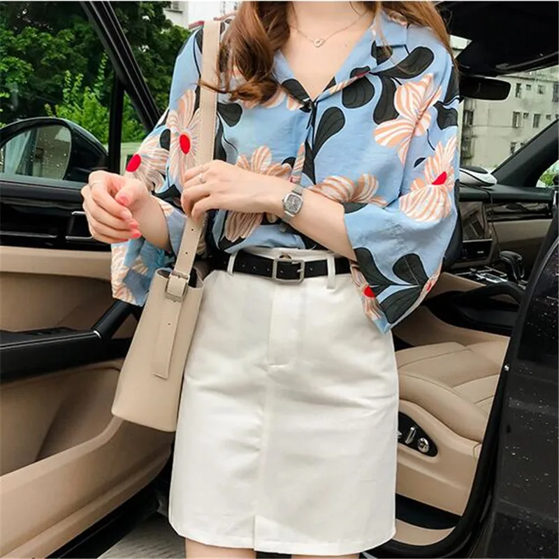 Женская винтажная блузка с цветочным принтом Dioufond рубашка коротким рукавом