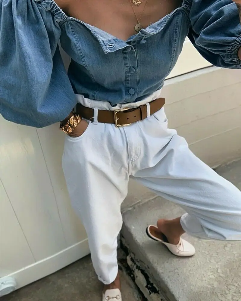 

Women Retro Sexy Off Shoulder Denim Puff Sleeve Button Shirt Loose Tops T-Shirt