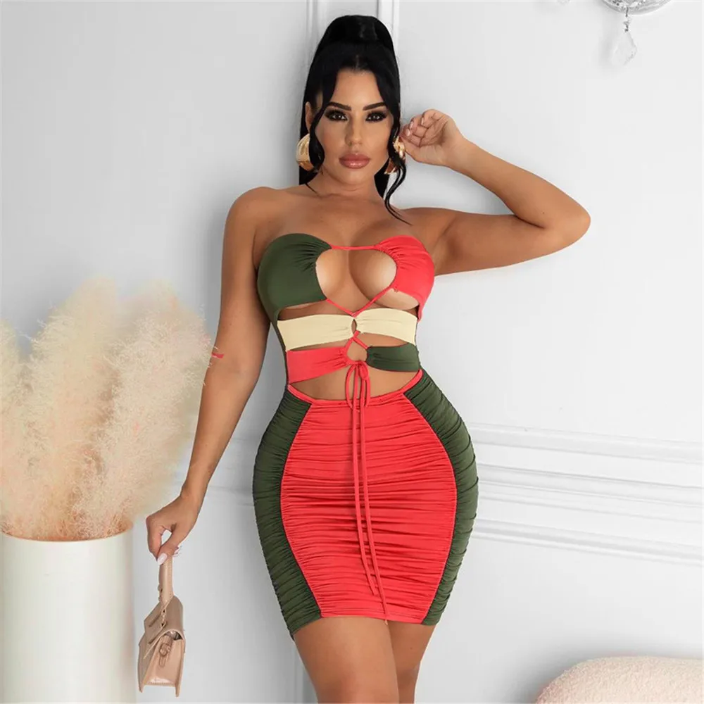

Women Contrast Color Mini Dress Summer Sexy Strapless Off Shoulder Sleeveless Low-cut Hollow Out High Waist Short Bodycon Dress