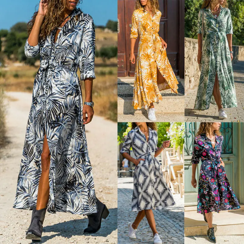 Женское платье рубашка средней длины праздничное с длинным рукавом и цветочным