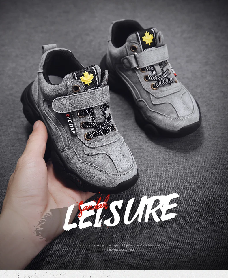 High quality leather outdoor sports boys shoes comfortable Velcro casual shoes