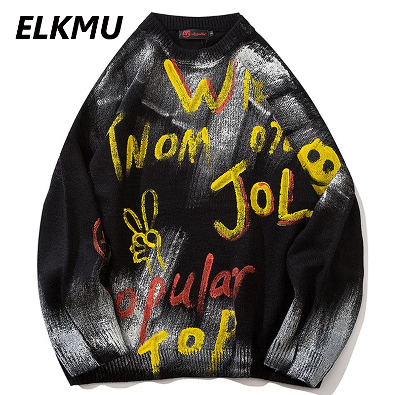 ELKMU негабаритных вязаные свитера в стиле хип хоп Харадзюку граффити мужские