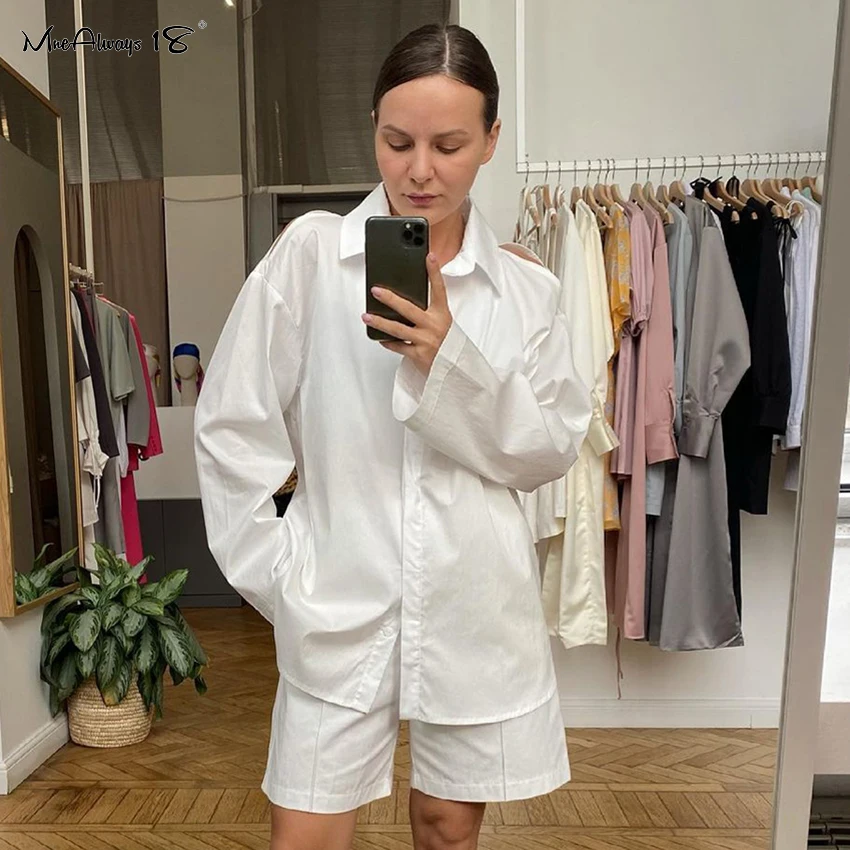 

Mnealways18 Vintage Blue 2 Piece Set Women Chic Open Shoulder Shirts And Shorts Suit Long Sleeve Cotton Hollow Out Ladies Outfit