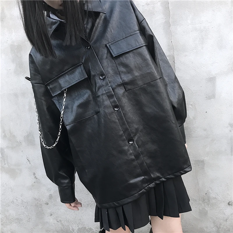 Женская свободная куртка из искусственной кожи Harajuku мягкая Серебряная кожаная
