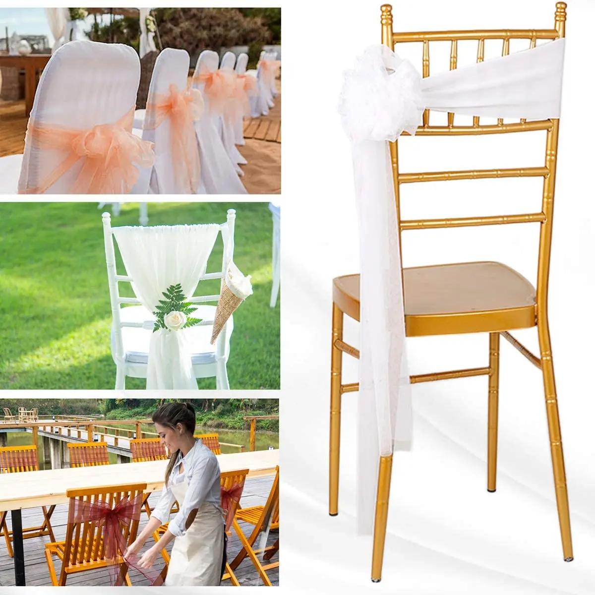 50pcs Organza Chair Sashes Chair Bows Wedding Decoration for Chair Cover Party Event Beach Wedding Decorations 18cm X 275cm images - 6