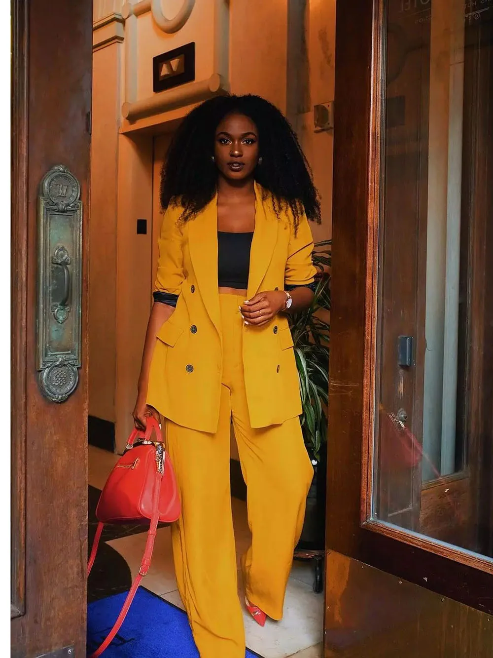 Fashion Yellow Mother Of The Bride Double Breasted Suits Women Ladies Plus Size Office Tuxedo Formal Work Wear For Wedding Party