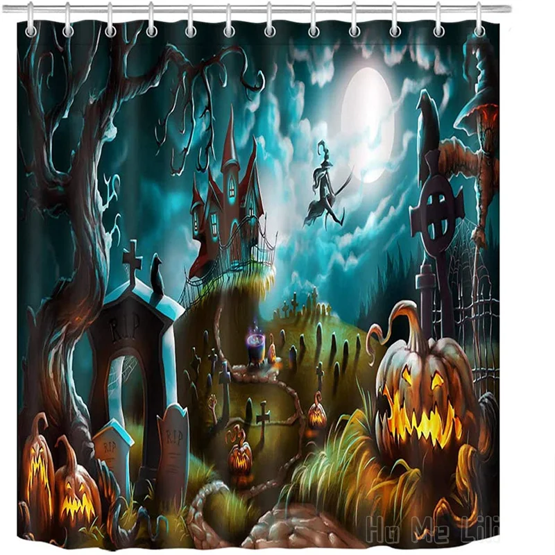 

Halloween Pumpkin Decor Horror Night Graveyard Background By Ho Me Lili Shower Curtains Polyester Fabric Bathroom Decorations