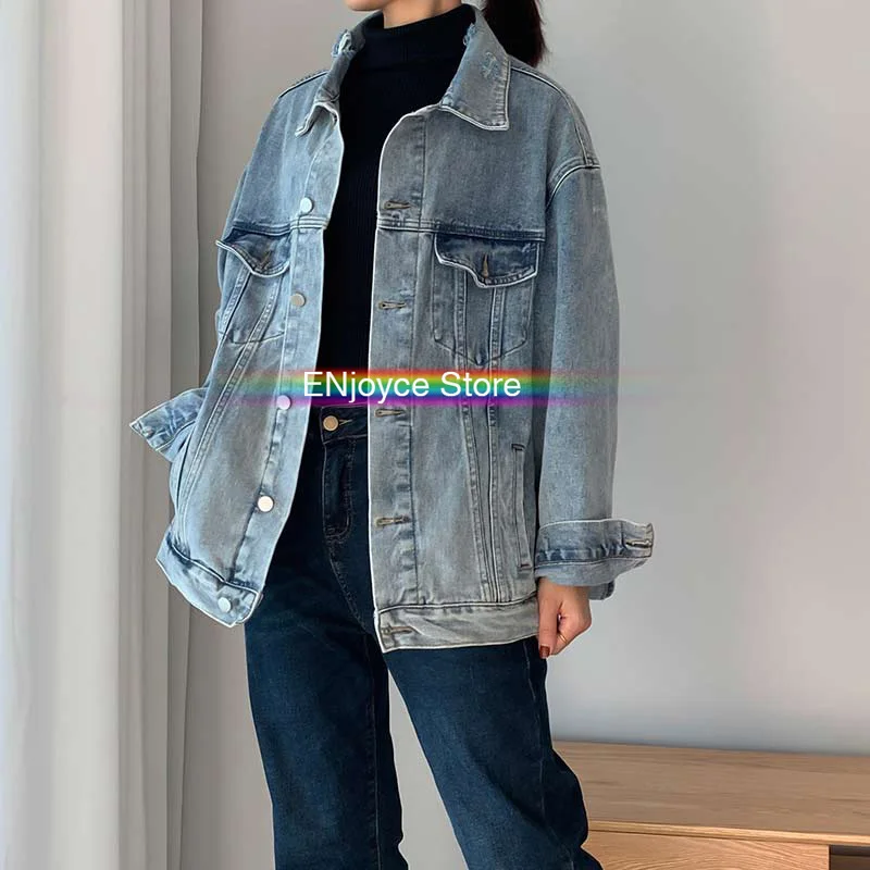 Женская джинсовая куртка в стиле ретро большого размера с отложным воротником