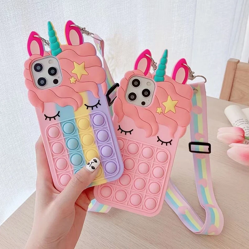 

12P Fidget Toys Push It Bubble Silicone Case For iPhone 11 12 Pro Max 6s 7 8 Plus X XR XS Max 3D Cartoon Pink Unicorn Soft Cover