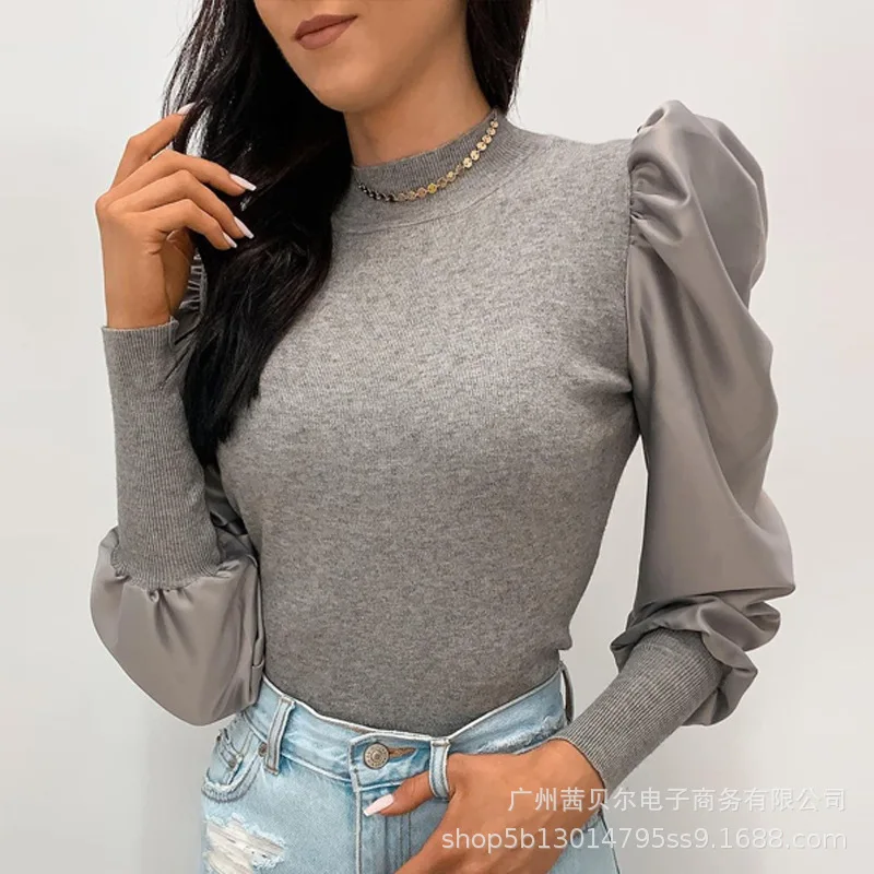

Mandylandy T-shirt Summer Sexy Puff Sleeve O-Neck Pullover T-shirt Top Women's Casual Solid Color Slim Fit T-shirt