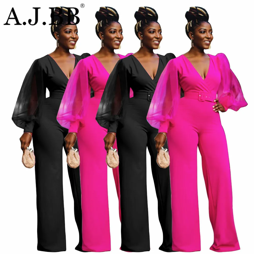 

Autumn new fashion solid color casual Jumpsuit slim V-Neck long sleeve women's shirt pants