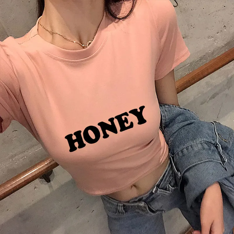 

HONEY Letters Print Casual Funny Exposed Navel T Shirt for Lady Top Tee Hipster Tumblr Tee Shirt Women Summer Fashion Sexy Top