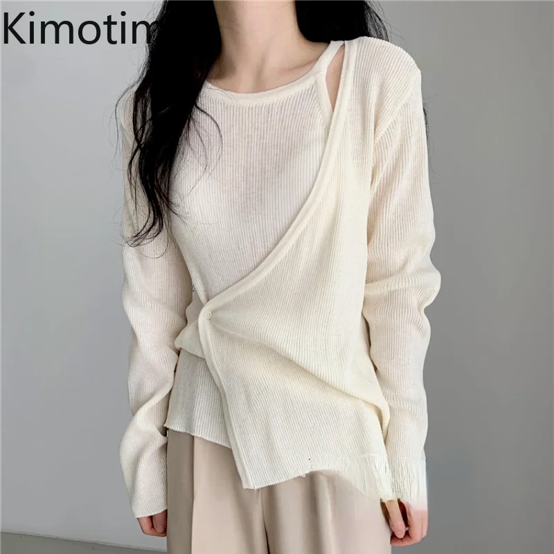 

Kimotimo Fall 2021 Women Sweater Korean Tender Patchwork Fashion Design Knitted Tops Solid Temperament All-match Thin Pullover