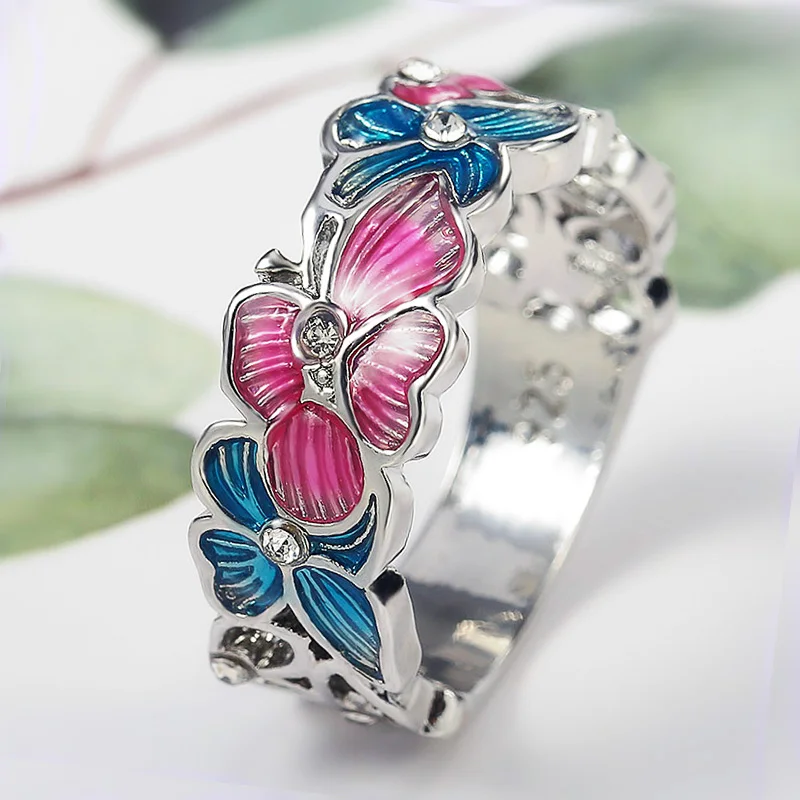 Huitan Crystal CZ красочные кольца с бабочкой и цветком для женщин модные на палец танцев