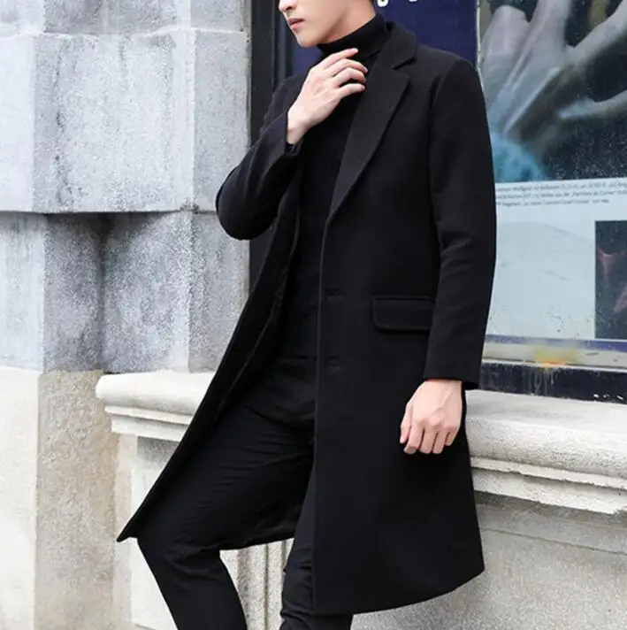 Autumn winter casual woolen coat men black trench coats long sleeves thicken overcoat mens cashmere coat casaco masculino