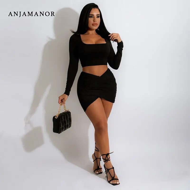 

ANJAMANOR Sexy Long Sleeve Bodycon Dress Sets Club Outfits for Women Two Piece Set Mini Skirt and Crop Top Wholesale D36-CE29