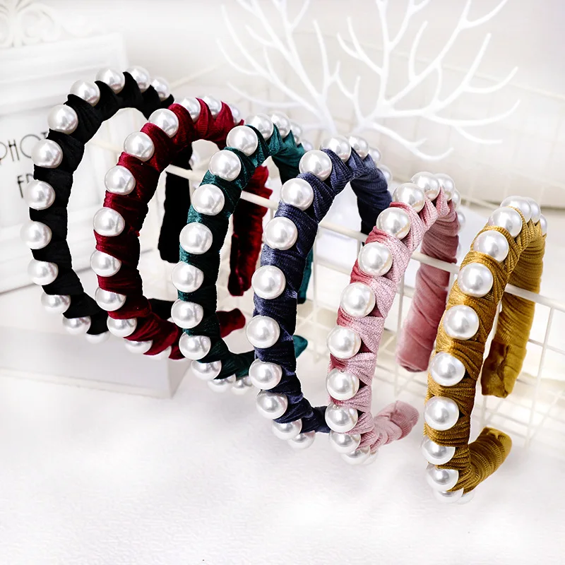 

New 2pcs boutique hair accessories women's pearls wrapped gold velvet wide-brimmed headband headband wild girl band headwear