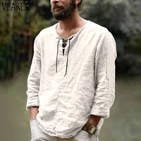 2020 new mens linen v neck bandage t shirts male solid color long sleeves casual cotton linen tshirt tops m 3xl