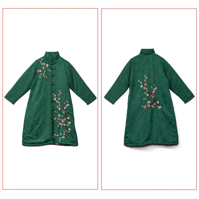 

Women Winter Long Parkas Padded Jackets Cotton Linen Female Thick Coats Stand Collar Embroidery Chinese Style Outerwear M-XL