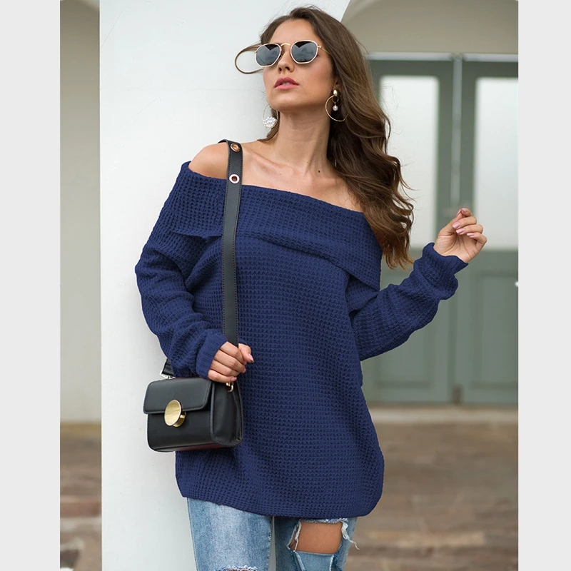 

Autumn fashion solid color women's sweater word collar loose sweater 2019 winter casual office lady pullover women's jumper B602