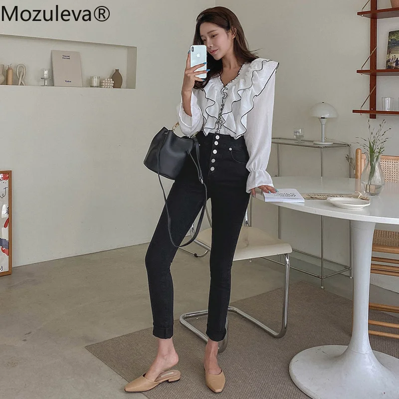 Осенние винтажные однобортные женские джинсовые брюки-Капри из денима с высокой