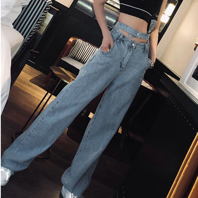 

Fashion Casual High Waist Denim Pants 2020 Autumn Winter Wide Leg Blue Denim Streetwear Clothes Lady Harajuku Straight Pants
