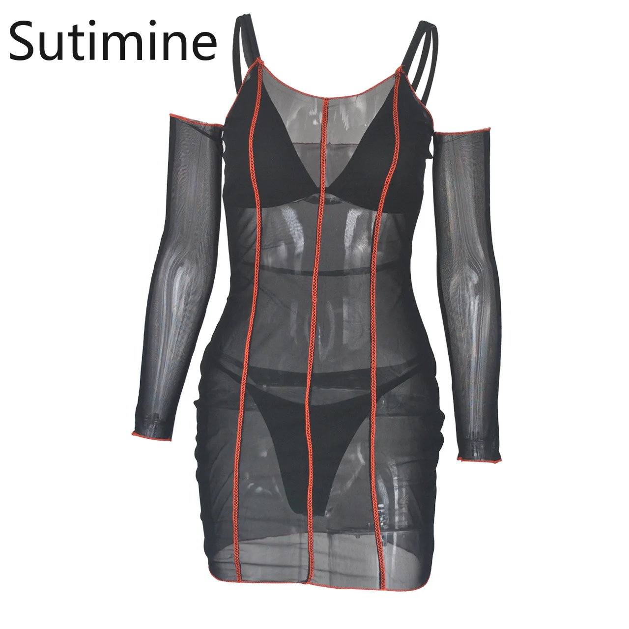 

Sutimine 2021 European American Summer Plus Size Women Black Mesh Skinny Sexy Perspective Outfit Mid-length 3 Pieces Set Dress