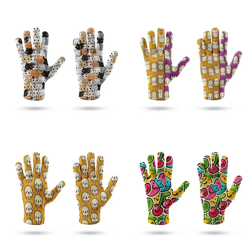 

1pair Aldult Knitted Gloves Autumn Unisex Full Fingers Mittens 3d Printing Punk Skeleton Touch Screen Wrist Gloves