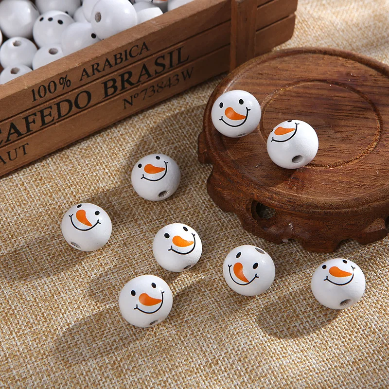 

20mm Christmas Snowman Pattern Wooden Beads Theme Colorful Round Beads for Jewelry Making DIY Handmade Bracelet Accessories