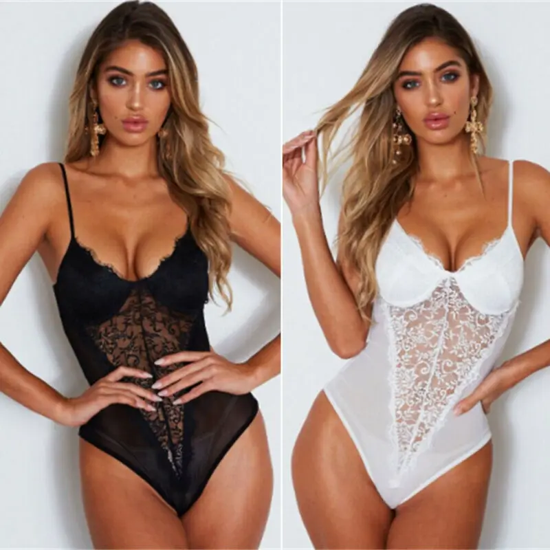 Женское женское сексуальное кружевное рукаво комбинезон боди черные/белые узкие